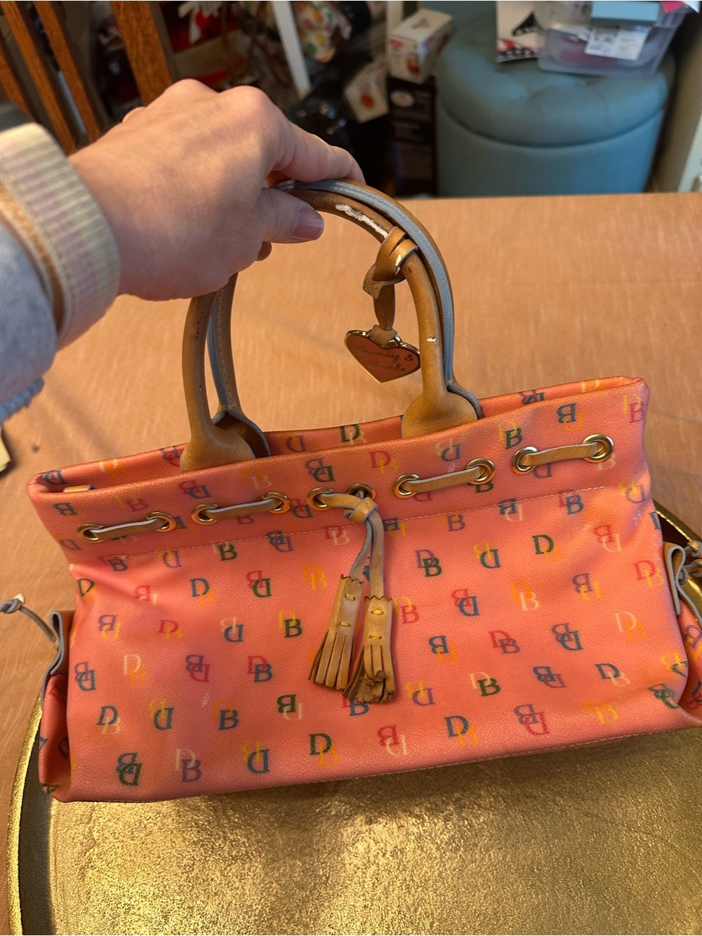 Dooney & Bourke Pink Signature Monogram Drawstring Satchel Y2K Vintage